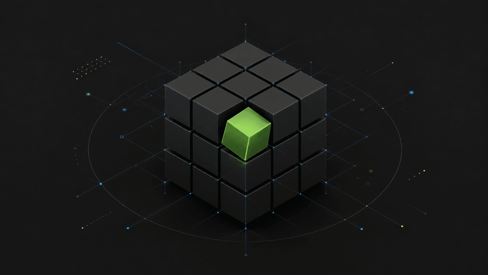An ordered lattice of dark cubes with one green cube in place - CRM best practices