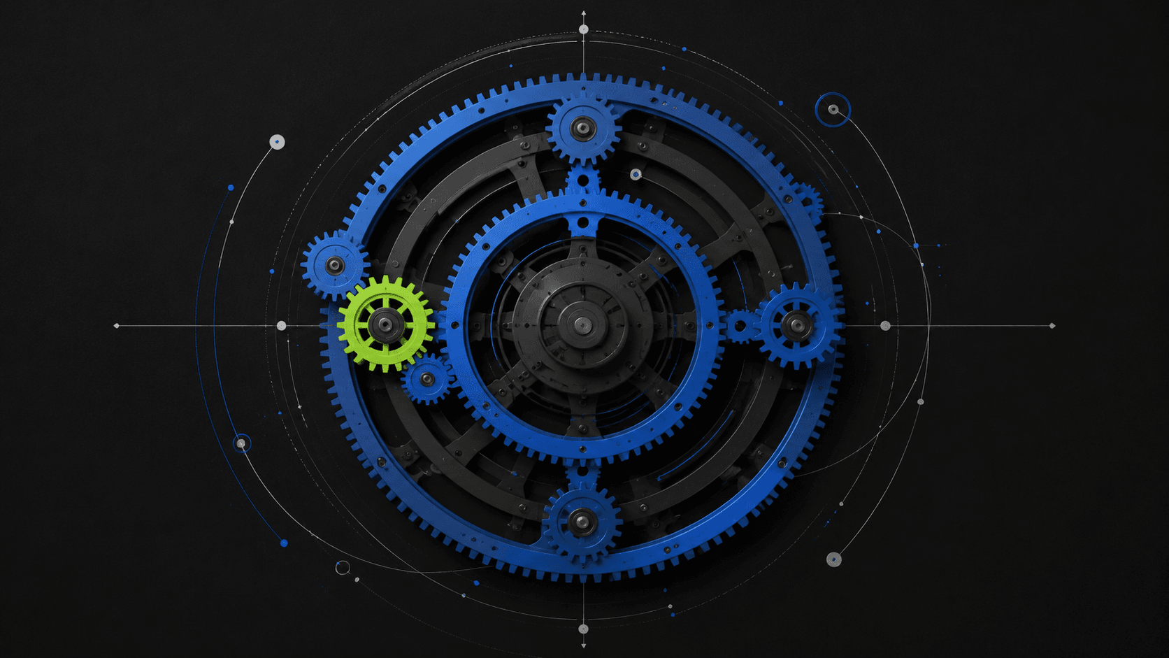 Concentric rings of blue gears meshing around a core, one green gear driving them - CRM implementation