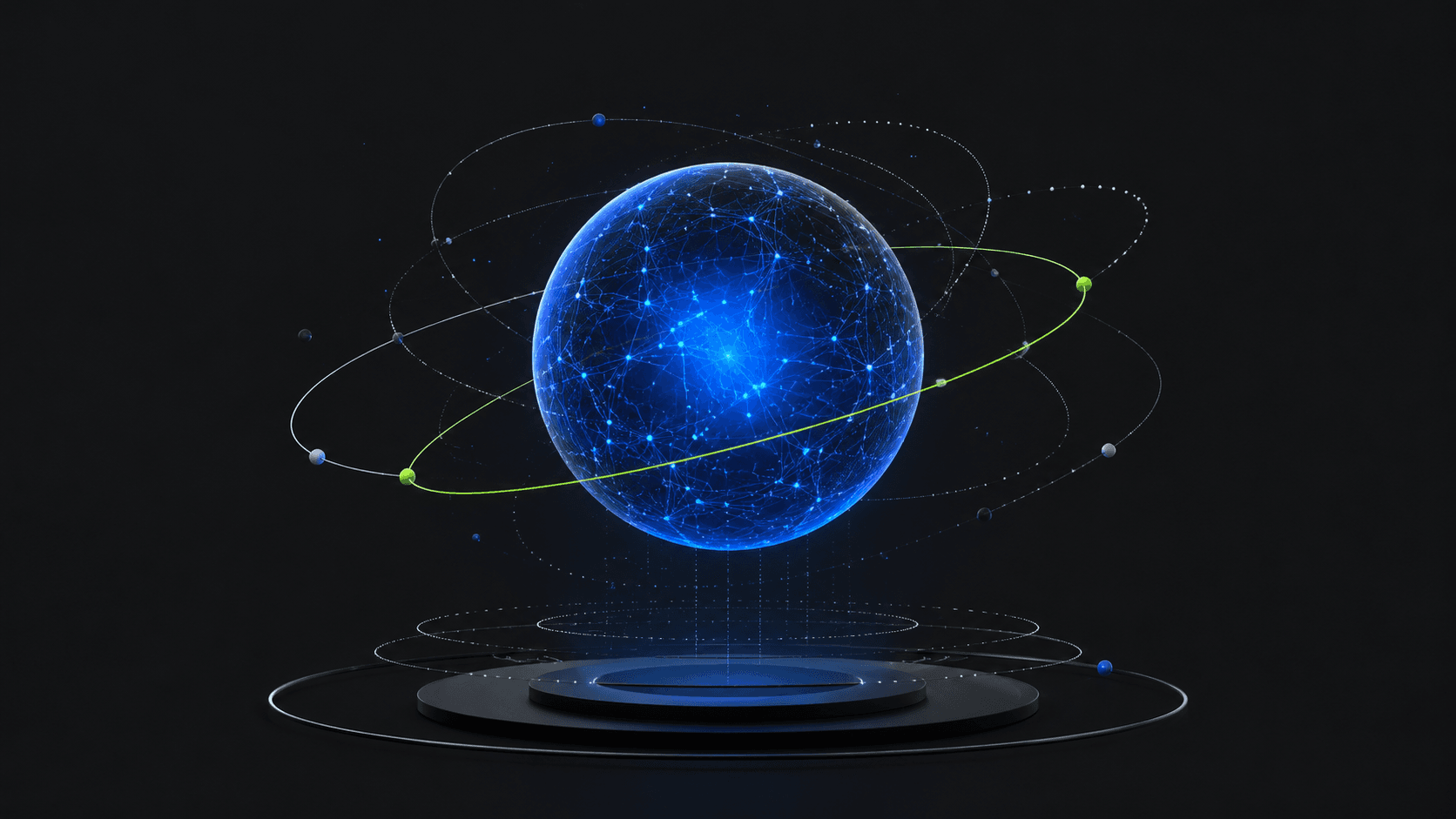 A glowing blue neural orb with orbiting particle rings, one green orbit - HubSpot AI Breeze