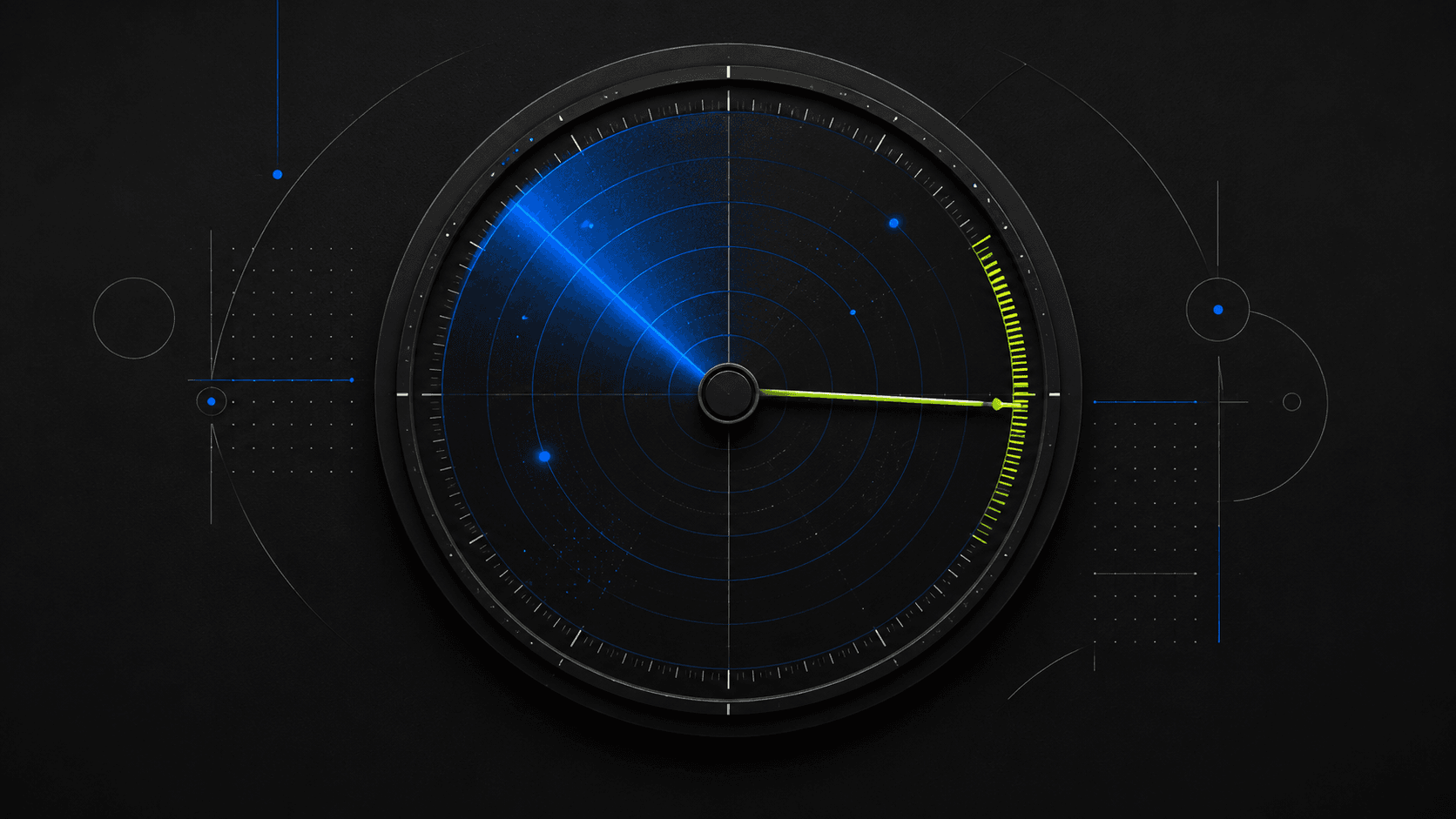 A radar dial with blue scan sweep and needle on a green score band - HubSpot AI Search Grader