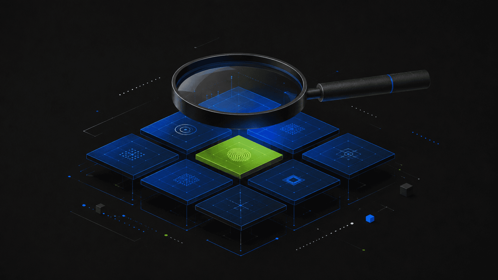 A magnifying lens over a grid of blue inspection tiles, one tile glowing green - HubSpot audit
