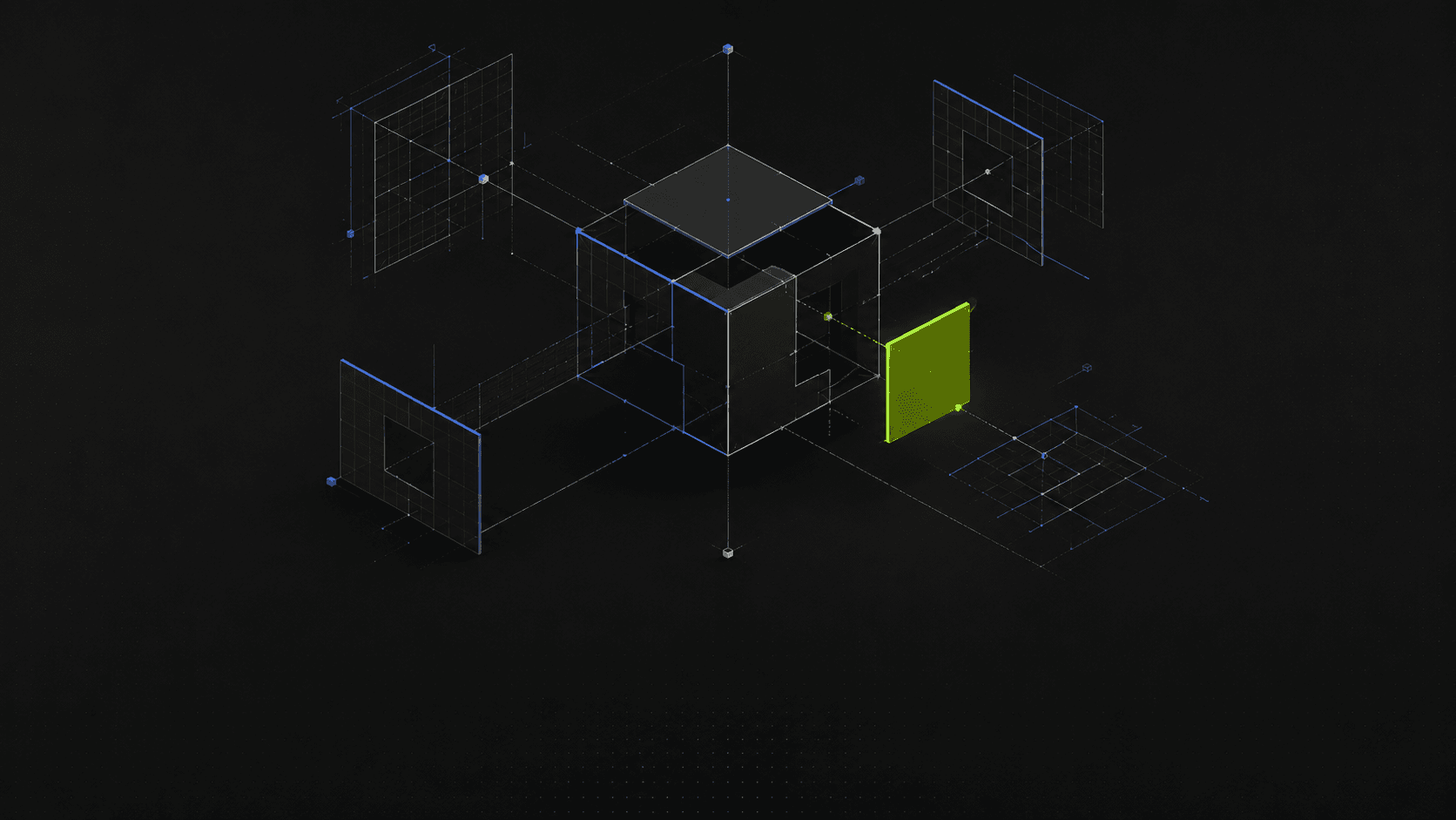 A wireframe cube assembling from blueprint fragments, one green fragment clicking into place - HubSpot implementation