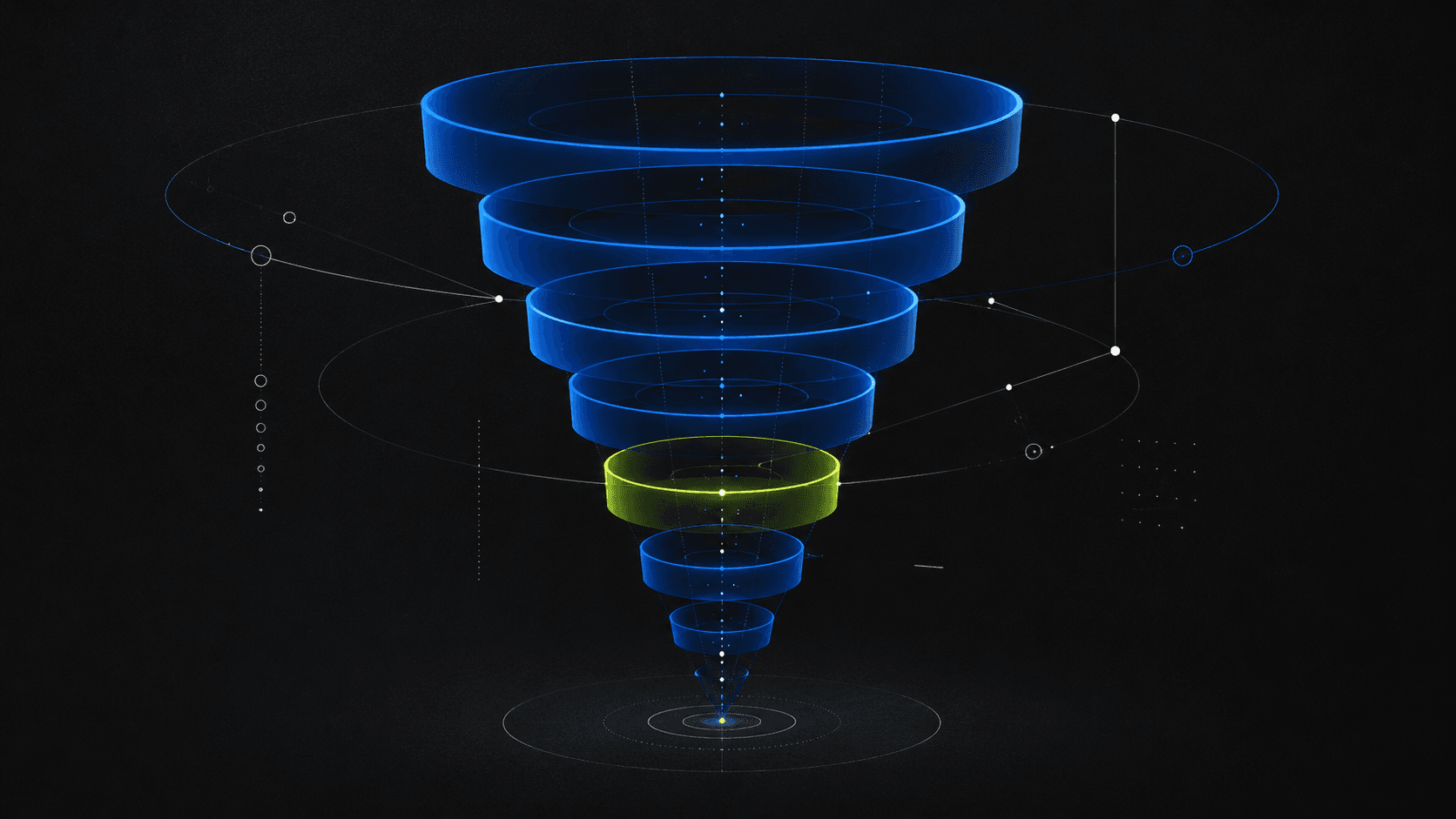 A funnel of stacked blue rings narrowing downward, one mid-ring glowing green - HubSpot lifecycle stages