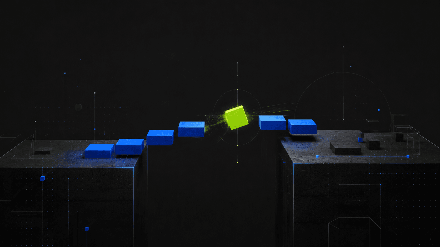 A bridge of floating blocks between two platforms, one green block mid-flight - HubSpot migration