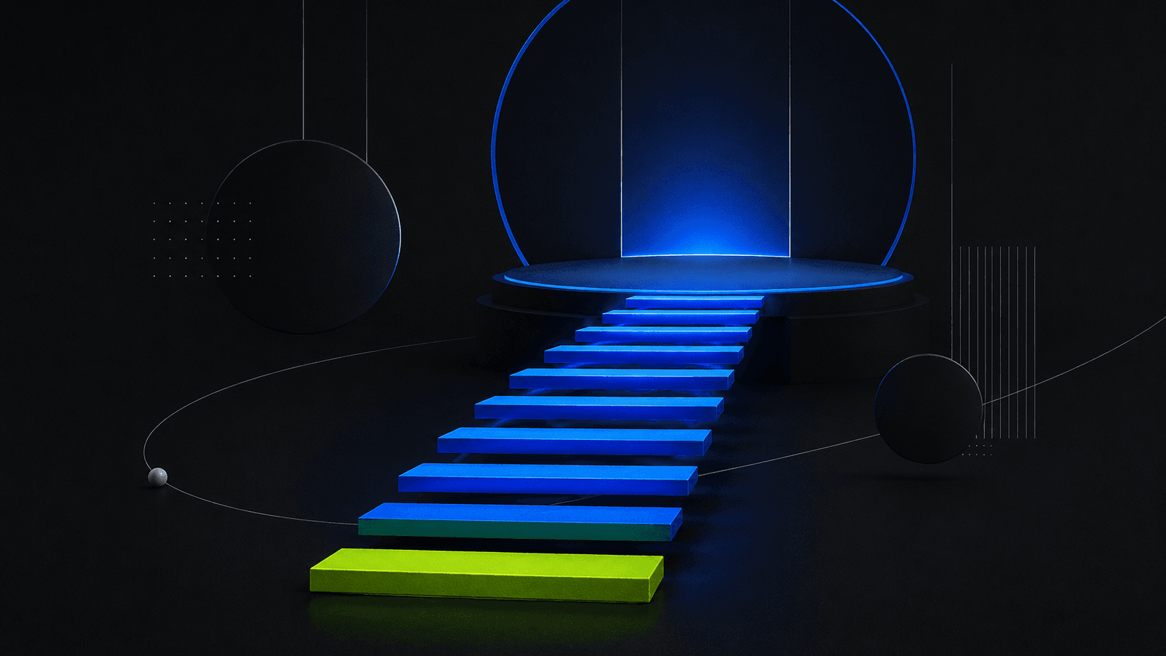 A glowing blue ramp of steps leading to a lit platform, first plank in green - HubSpot onboarding